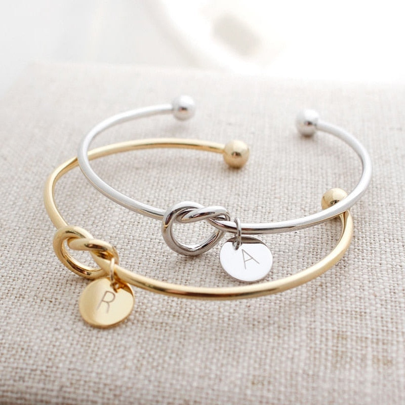Infinity Love Knot Adjustable Alloy Cuff Bangle Stacking Bracelet with Initial Disc,Birthday Friendship Sisters Bridesmaid Gift