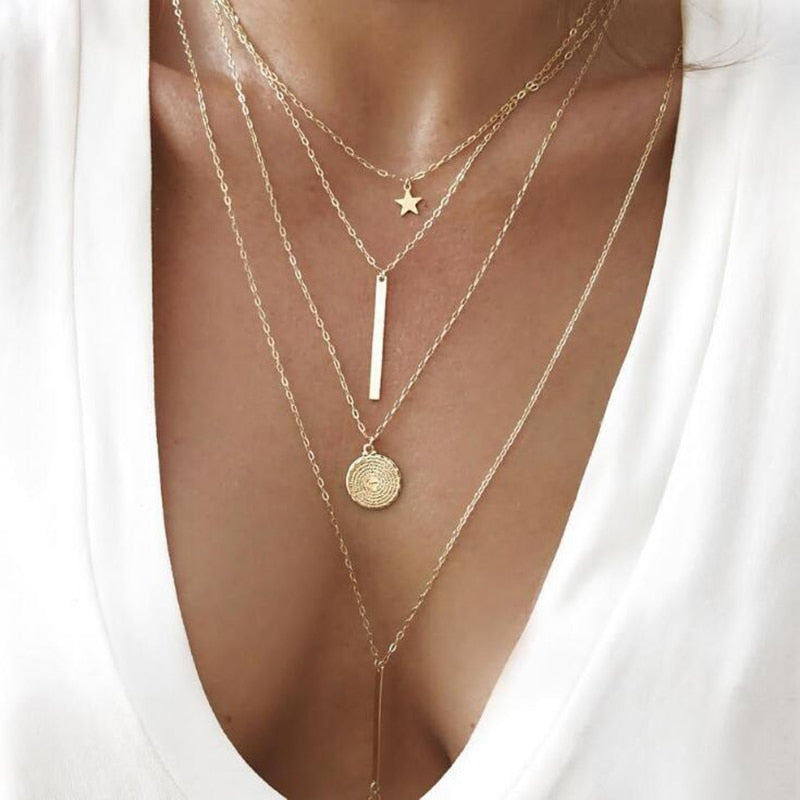 Bohemia Round Pentagram Gold Alloy Chokers Necklace for Women