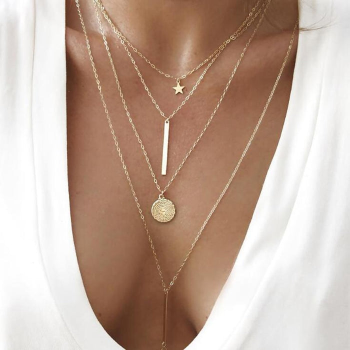 Bohemia Round Pentagram Gold Alloy Chokers Necklace for Women
