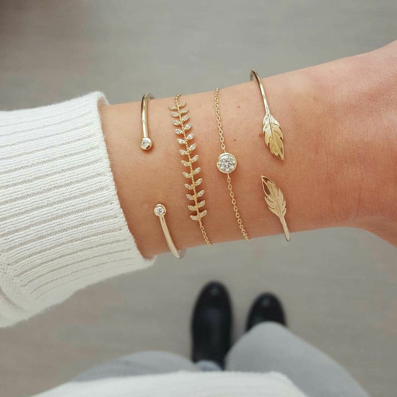 Tocona Fashion Geometric Gold Color Crystal Leaf Bracelet Set for Women