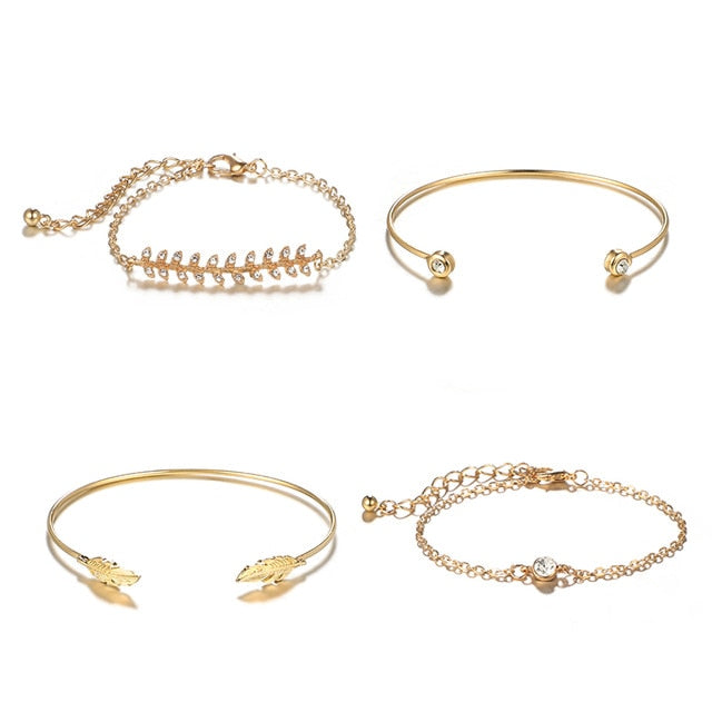 Tocona Fashion Geometric Gold Color Crystal Leaf Bracelet Set for Women