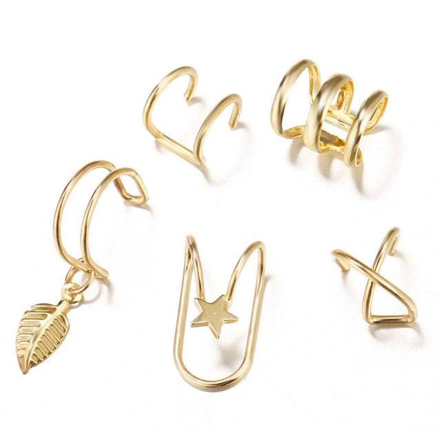 5Pcs/Set Ear Cuff Gold Leaves Non-Piercing Earring For Women