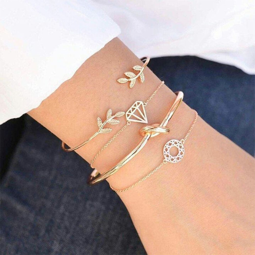 4 pcs/set Fashion Bohemia Leaf Round Knot cuff Bangle Gold Chain Charm Bracelet Bangle for Women