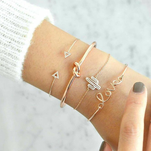 4 pcs/set Fashion Bohemia Leaf Round Knot cuff Bangle Gold Chain Charm Bracelet Bangle for Women