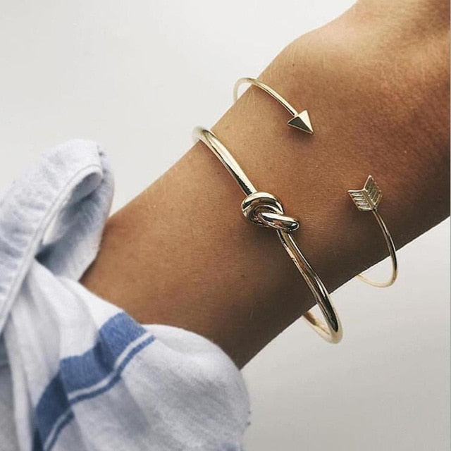 4 pcs/set Fashion Bohemia Leaf Round Knot cuff Bangle Gold Chain Charm Bracelet Bangle for Women