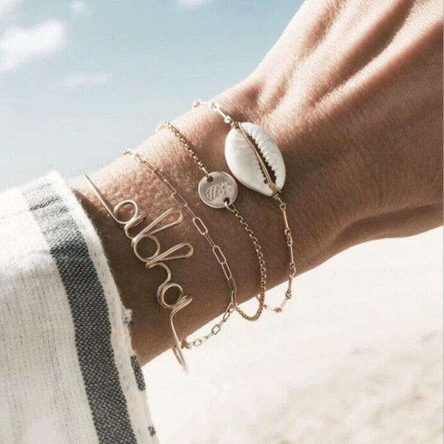 4 pcs/set Fashion Bohemia Leaf Round Knot cuff Bangle Gold Chain Charm Bracelet Bangle for Women