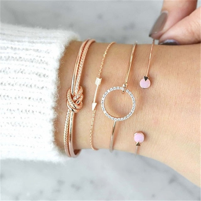 4 pcs/set Fashion Bohemia Leaf Round Knot cuff Bangle Gold Chain Charm Bracelet Bangle for Women