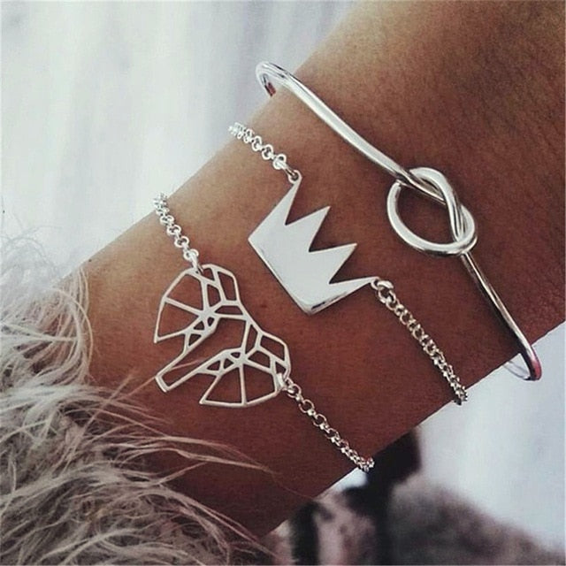 4 pcs/set Fashion Bohemia Leaf Round Knot cuff Bangle Gold Chain Charm Bracelet Bangle for Women