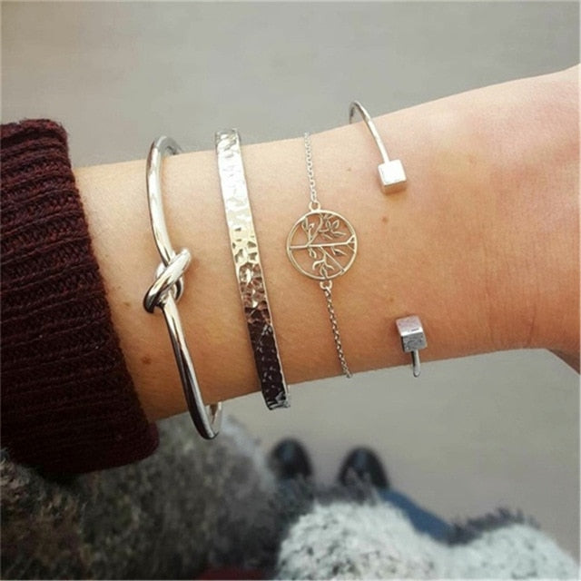 4 pcs/set Fashion Bohemia Leaf Round Knot cuff Bangle Gold Chain Charm Bracelet Bangle for Women