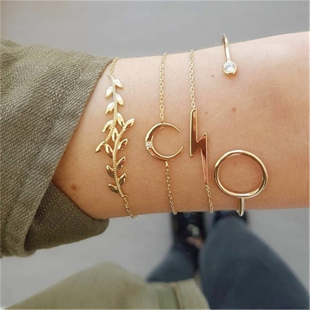 4 pcs/set Fashion Bohemia Leaf Round Knot cuff Bangle Gold Chain Charm Bracelet Bangle for Women