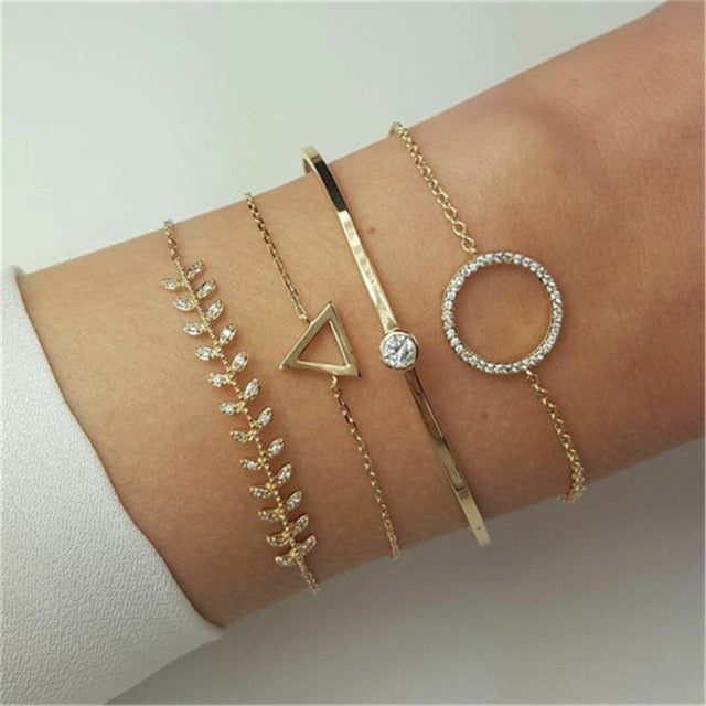 4 pcs/set Fashion Bohemia Leaf Round Knot cuff Bangle Gold Chain Charm Bracelet Bangle for Women