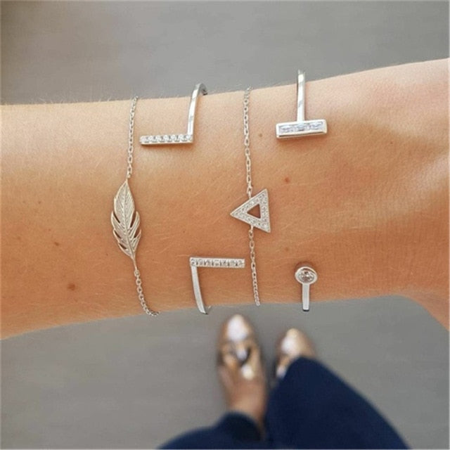 4 pcs/set Fashion Bohemia Leaf Round Knot cuff Bangle Gold Chain Charm Bracelet Bangle for Women