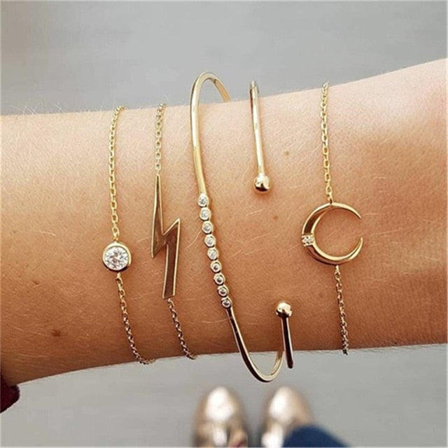 4 pcs/set Fashion Bohemia Leaf Round Knot cuff Bangle Gold Chain Charm Bracelet Bangle for Women