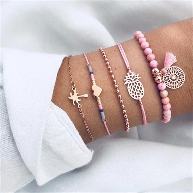 4 pcs/set Fashion Bohemia Leaf Round Knot cuff Bangle Gold Chain Charm Bracelet Bangle for Women