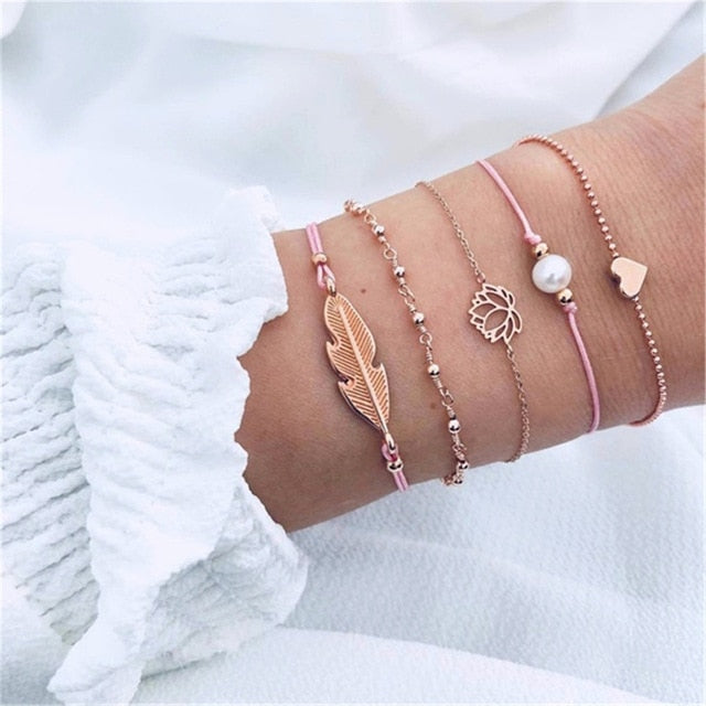 4 pcs/set Fashion Bohemia Leaf Round Knot cuff Bangle Gold Chain Charm Bracelet Bangle for Women