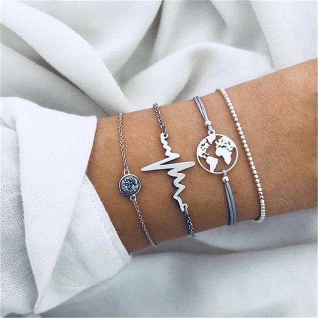 4 pcs/set Fashion Bohemia Leaf Round Knot cuff Bangle Gold Chain Charm Bracelet Bangle for Women