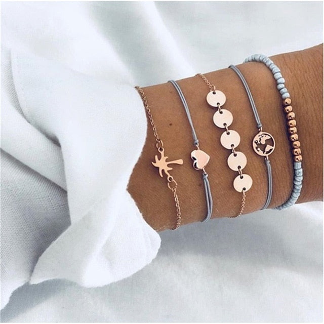 4 pcs/set Fashion Bohemia Leaf Round Knot cuff Bangle Gold Chain Charm Bracelet Bangle for Women