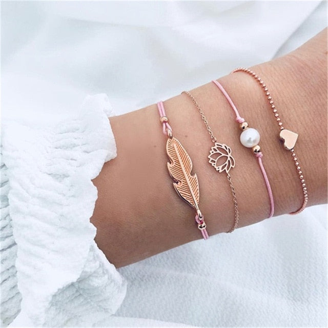 4 pcs/set Fashion Bohemia Leaf Round Knot cuff Bangle Gold Chain Charm Bracelet Bangle for Women