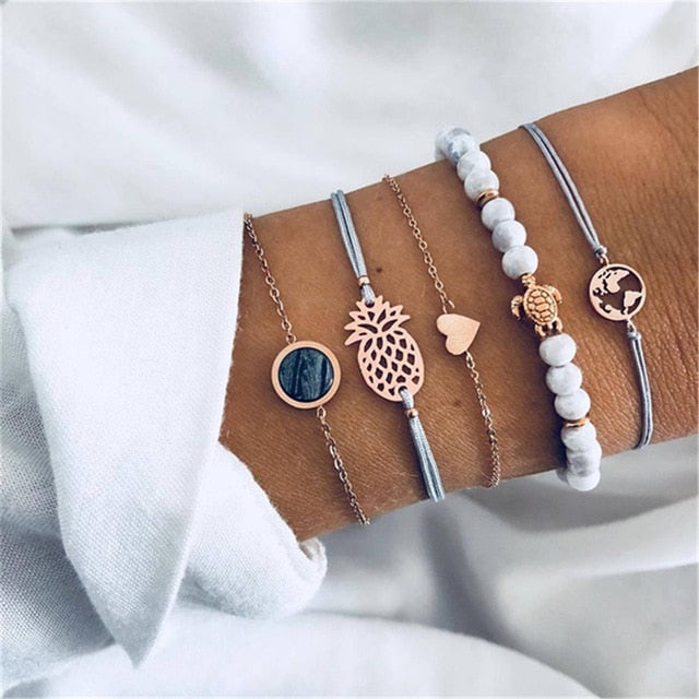 4 pcs/set Fashion Bohemia Leaf Round Knot cuff Bangle Gold Chain Charm Bracelet Bangle for Women