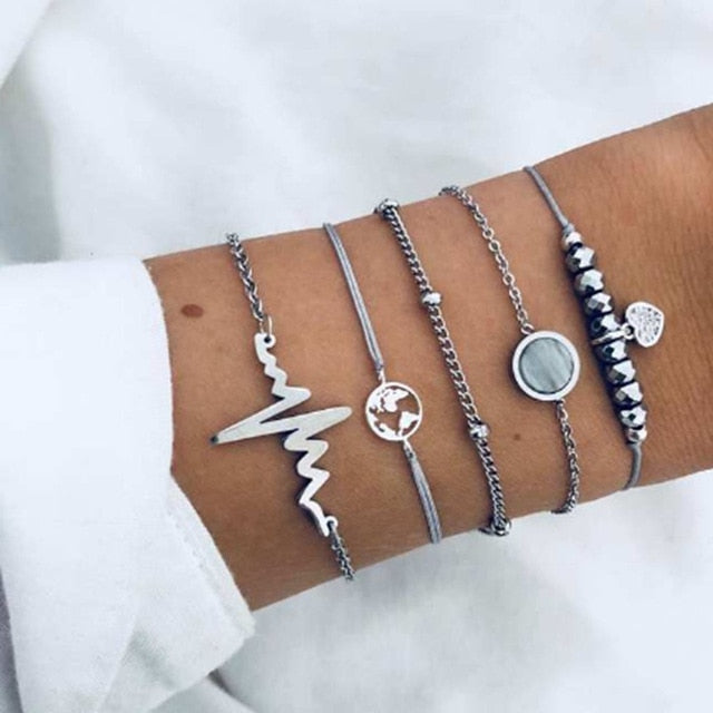4 pcs/set Fashion Bohemia Leaf Round Knot cuff Bangle Gold Chain Charm Bracelet Bangle for Women