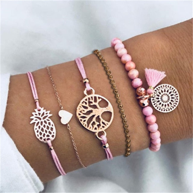 4 pcs/set Fashion Bohemia Leaf Round Knot cuff Bangle Gold Chain Charm Bracelet Bangle for Women