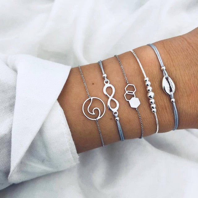4 pcs/set Fashion Bohemia Leaf Round Knot cuff Bangle Gold Chain Charm Bracelet Bangle for Women
