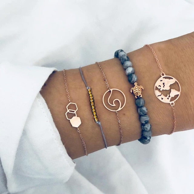 4 pcs/set Fashion Bohemia Leaf Round Knot cuff Bangle Gold Chain Charm Bracelet Bangle for Women