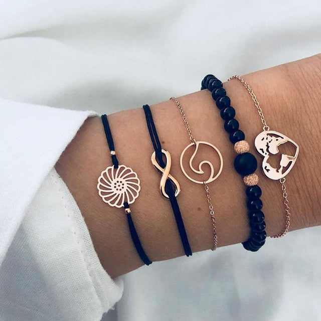 4 pcs/set Fashion Bohemia Leaf Round Knot cuff Bangle Gold Chain Charm Bracelet Bangle for Women