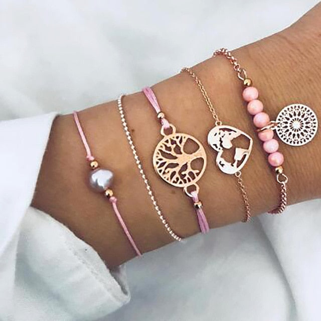 4 pcs/set Fashion Bohemia Leaf Round Knot cuff Bangle Gold Chain Charm Bracelet Bangle for Women