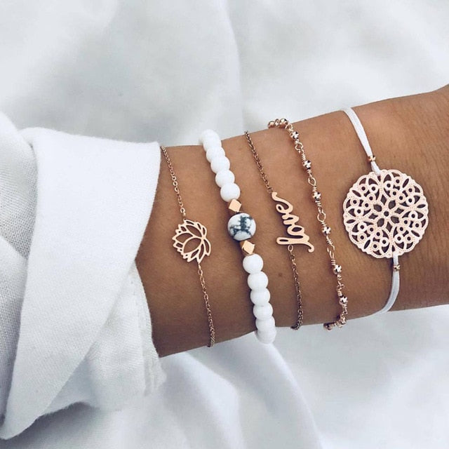 4 pcs/set Fashion Bohemia Leaf Round Knot cuff Bangle Gold Chain Charm Bracelet Bangle for Women