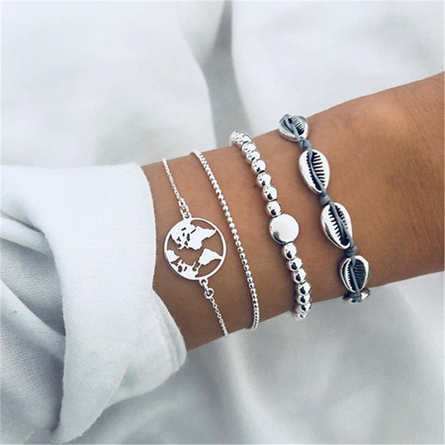 4 pcs/set Fashion Bohemia Leaf Round Knot cuff Bangle Gold Chain Charm Bracelet Bangle for Women