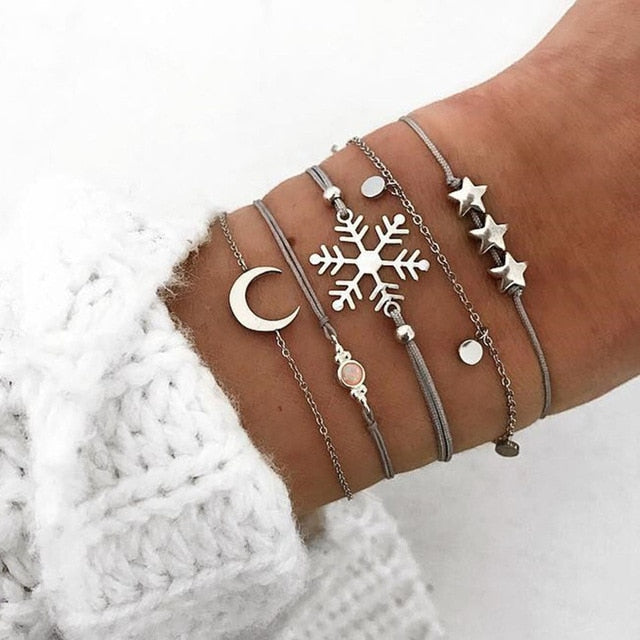 4 pcs/set Fashion Bohemia Leaf Round Knot cuff Bangle Gold Chain Charm Bracelet Bangle for Women