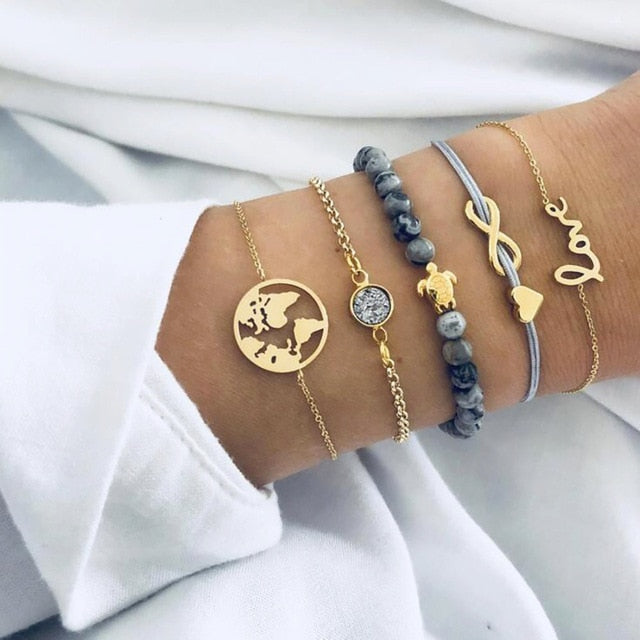 4 pcs/set Fashion Bohemia Leaf Round Knot cuff Bangle Gold Chain Charm Bracelet Bangle for Women