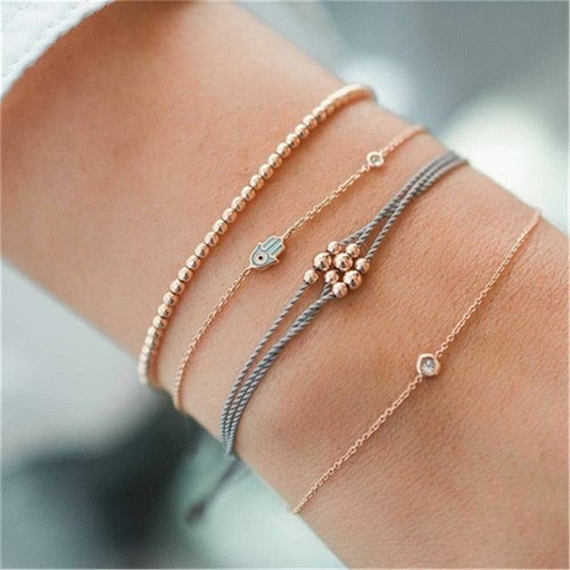 4 pcs/set Fashion Bohemia Leaf Round Knot cuff Bangle Gold Chain Charm Bracelet Bangle for Women