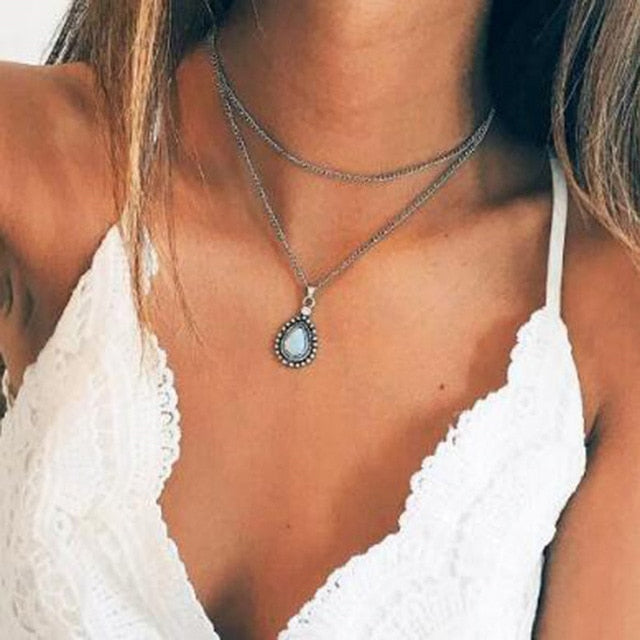 Bohemian Stone Beads Hearts Birds Leaves Chain Necklaces Pendants for Women